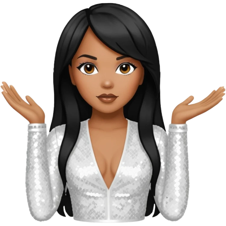 LeToya Luckett with long black hair, white sequin outfit emoji