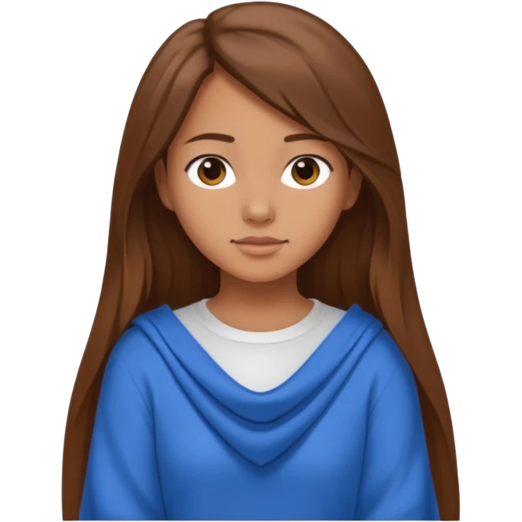 crea una ragazza giovane con i capelli marroni lunghi, una camicia bianca e un maglioncino blu appoggiato sulle spalle emoji