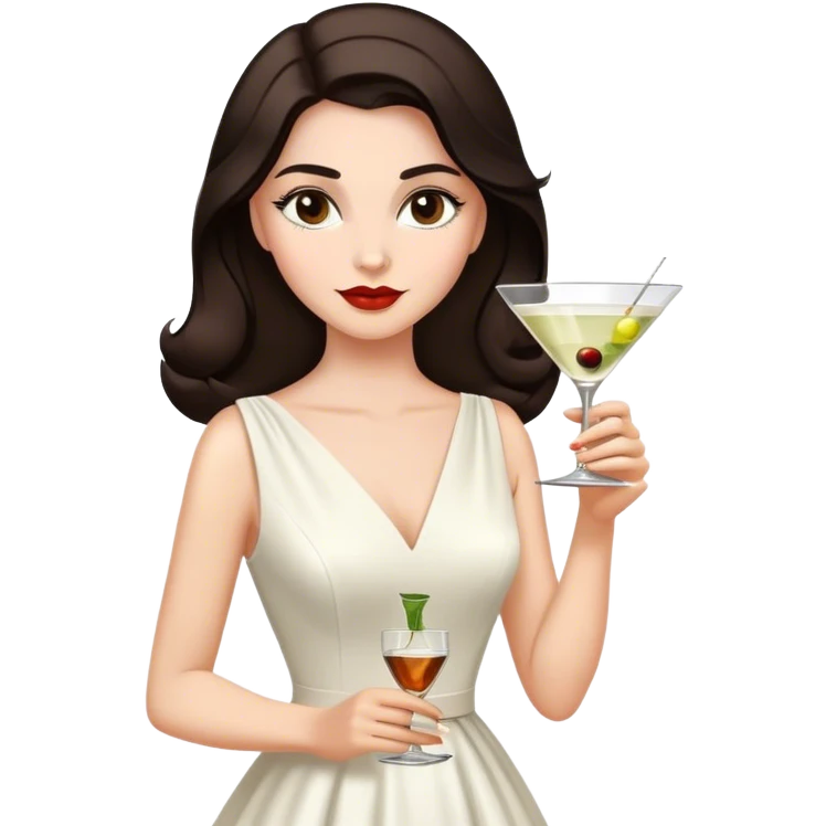 Beautiful woman in 1950’s woman fashion look, white dress, long dark brown hair, martini  emoji