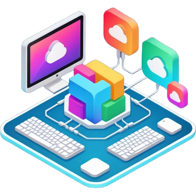 isometric, image of computer systems, processes, data integrating together emoji