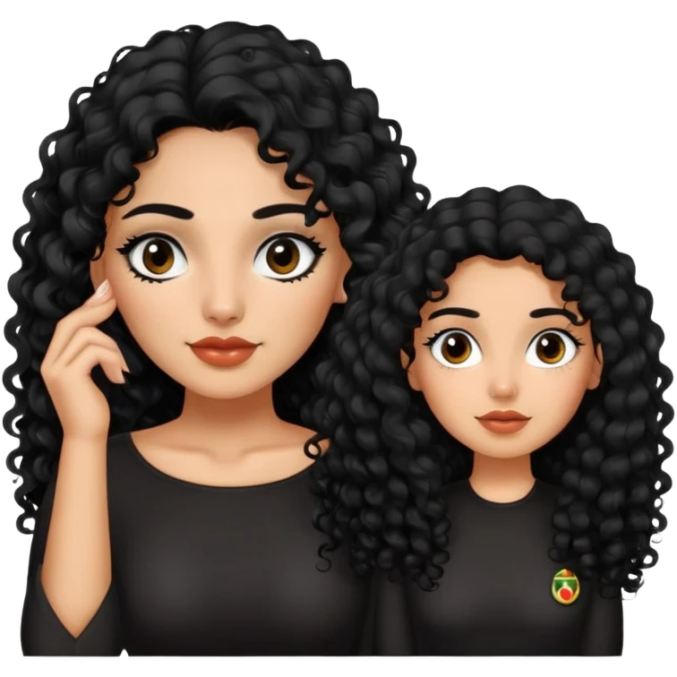 Mujer hermosa de cabello rizado largo color negro, ojos negros, con un lunar debajo del ojo izquierdo y también un lunar arriba de la ceja izquierda, mexicana con una blusa color negra emoji