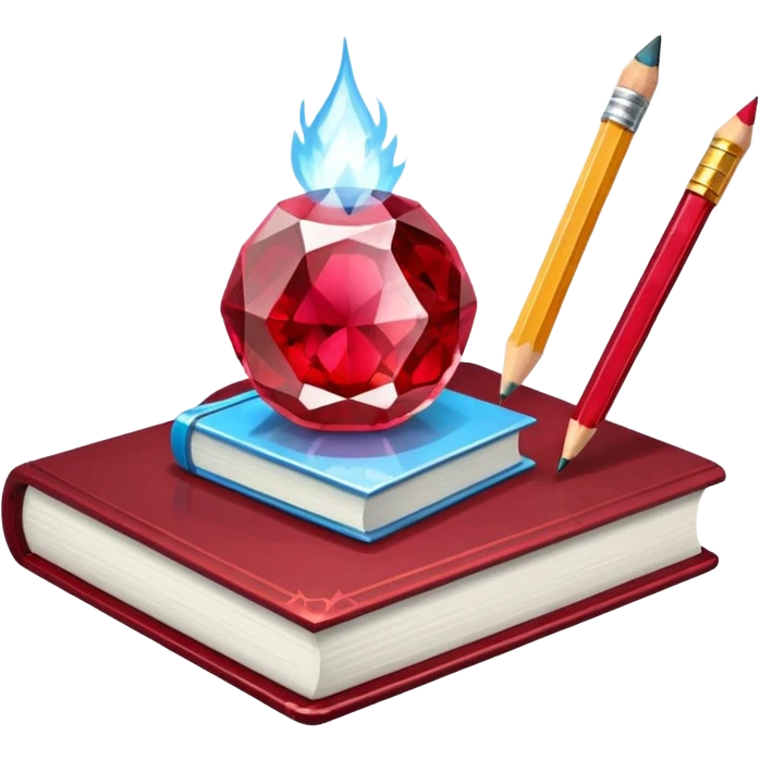 ice cube, book, pencil, match, bubble and ruby emoji