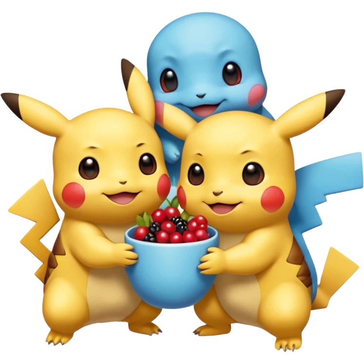 Two Pokémon are playing in a field. Pikachu has many berries, but Squirtle has none. Pikachu sees this is unfair, so he shares the berries with Squirtle. They smile and eat together. Show this as a cute Pokémon emoji scene about justice and fairness. emoji