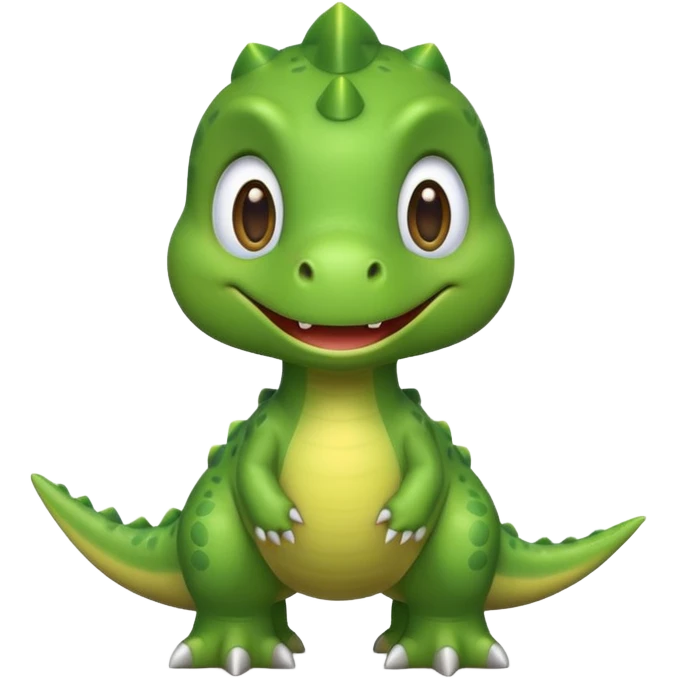 Cute green dinosaur emoji with round body, big eyes, small arms, soft shadows, smooth outlines, glossy finish, friendly smile, simple flat design, high-detail yet minimal style, perfect for emoji set, transparent background emoji