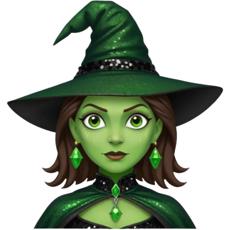 The Wicked Witch from Oz with green skin, brown hair, black sequin outfit emoji