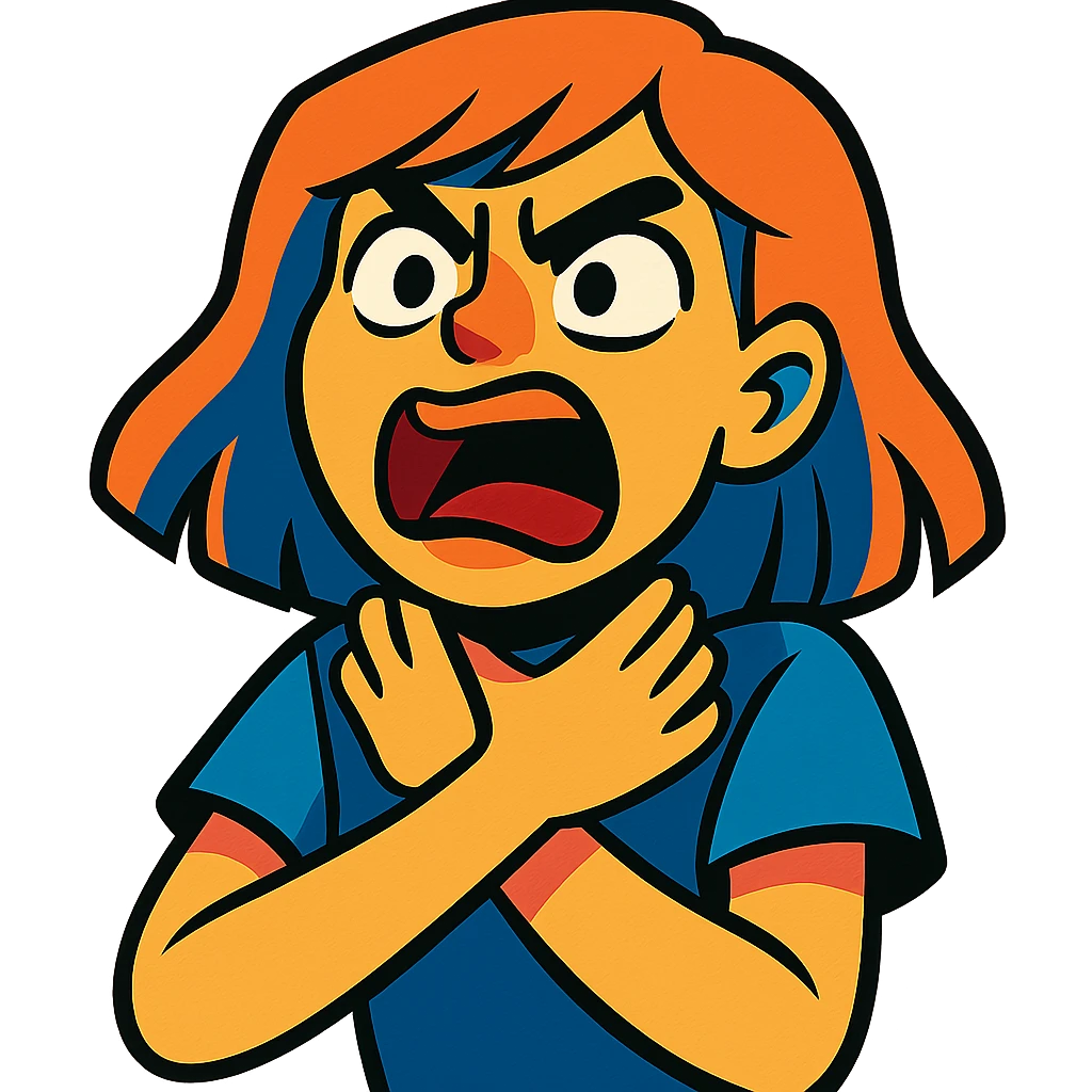 girl expressing intense emotion with hands near her neck, dramatic facial expression, vibrant toon style emoji