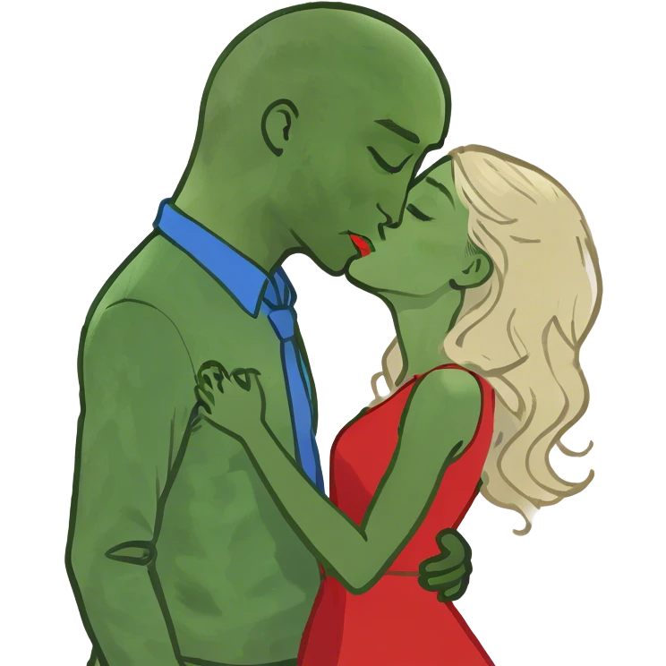 Girl with long blonde hair of a couple kissing give the guy brown and white mixed hair emoji