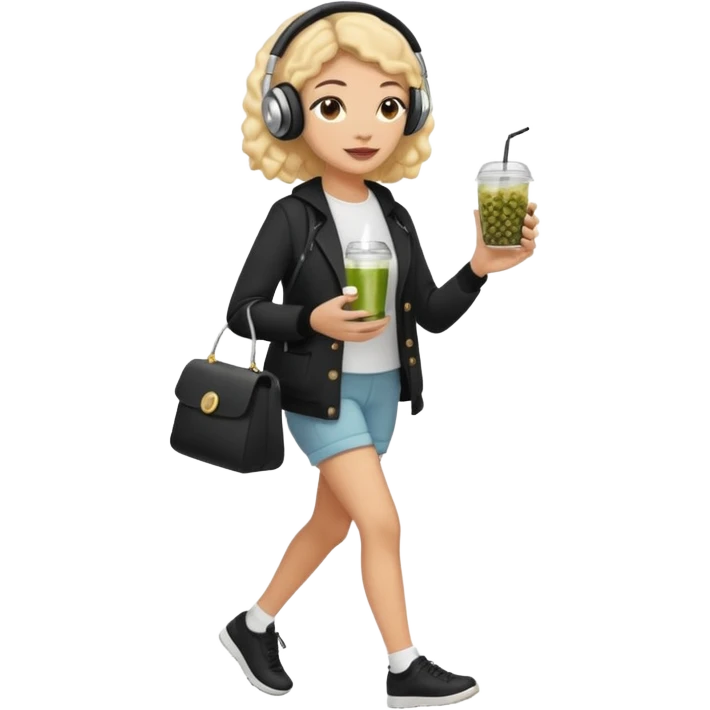 a young woman full length walks with headphones on with a caviar sandwich in one hand and herbal tea in the other hand emoji