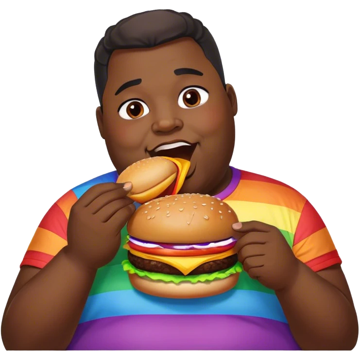 very plus size obese black man with a rainbow shirt eating a burger  emoji