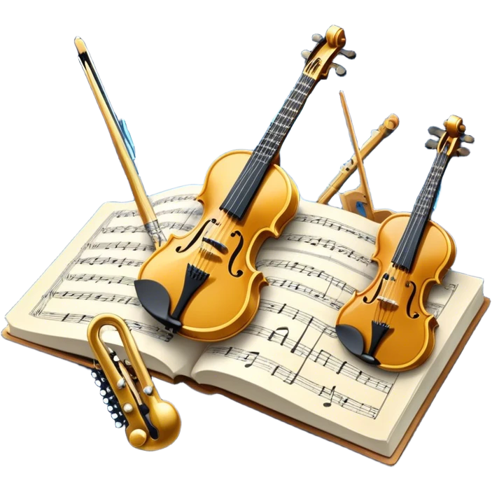 Create an artistic emoji that represents music arrangement and orchestration. The design should feature various orchestral instruments (drums, violin, electric guitar, synthesizer) and conductor's baton, musical scores. Incorporate flowing lines to represent harmony and orchestral balance, along with a subtle representation of sheet music. Use rich, classical colors like gold, silver, or deep blue, and create an atmosphere of sophistication and precision. The background should be transparent. emoji
