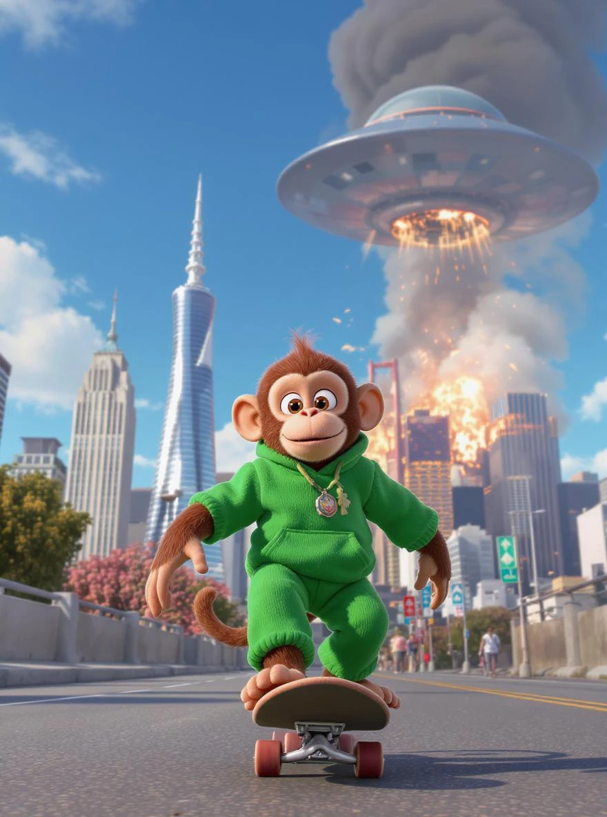 Disney style Cinematic still scane, Low angle shot, monkey dress in green outfit, monkey ride on skateboard, san francisno downtown with city lanscape, ufo destroying city in background, blue clean sky, captured by ARRI Alexa XT, soft cinematic lightning, back light, inspired by ToyStory 4 emoji