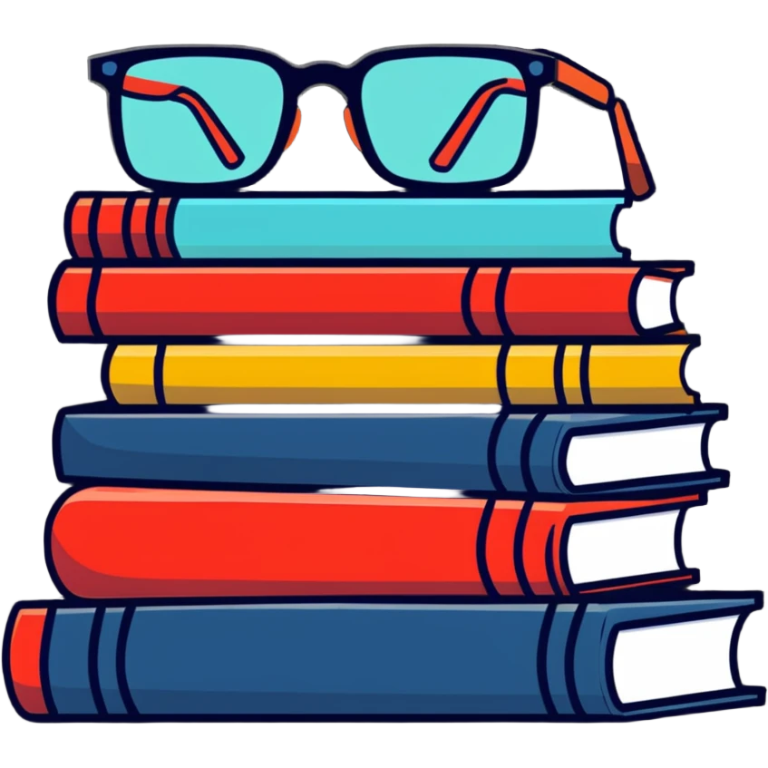 A cute stack of books with glasses resting on top emoji