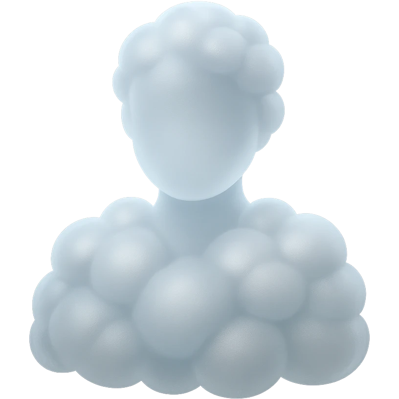 shoulder-up person fully composed of white fluffy convex clouds, matte glass style emoji