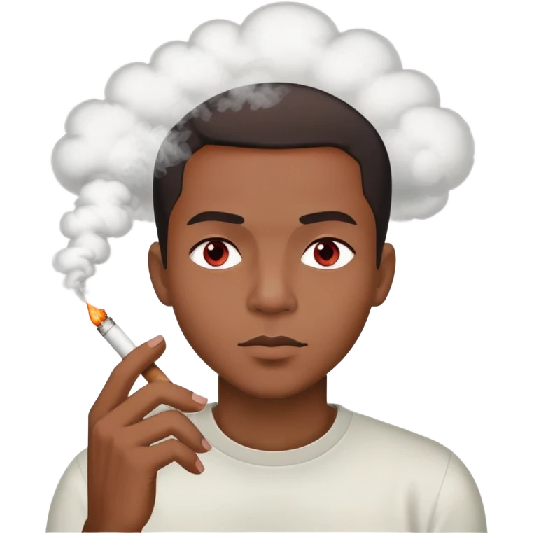 black man with short hair, light red eyes, high, holding a lit joint, smoke cloud emoji