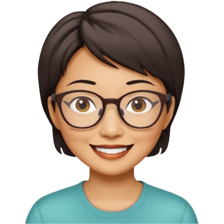 a middle-aged Asian woman with short hair wearing glasses and an impression emoji