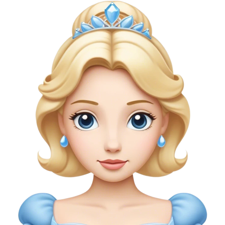 Cinematic Elegant Cinderella Portrait Emoji, rendered in a flat, vector-style with minimal shading and bold, simplified shapes. Depict Cinderella in her classic ball gown (chest and above) with fair, porcelain skin and elegantly styled blonde hair, her eyes soft and kind, and her expression serene and graceful. The design glows with a gentle, enchanting radiance and high shine, capturing the timeless beauty of a fairy tale princess. emoji