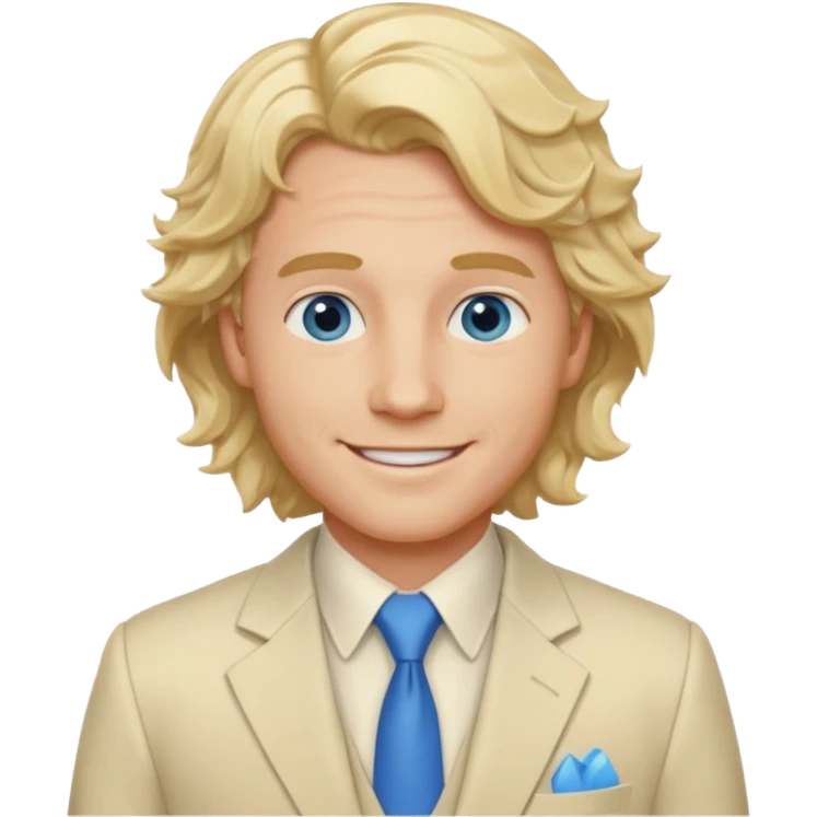 Tom Bryant from Summer of Fear with blonde wavy hair, blue eyes, cream suit emoji