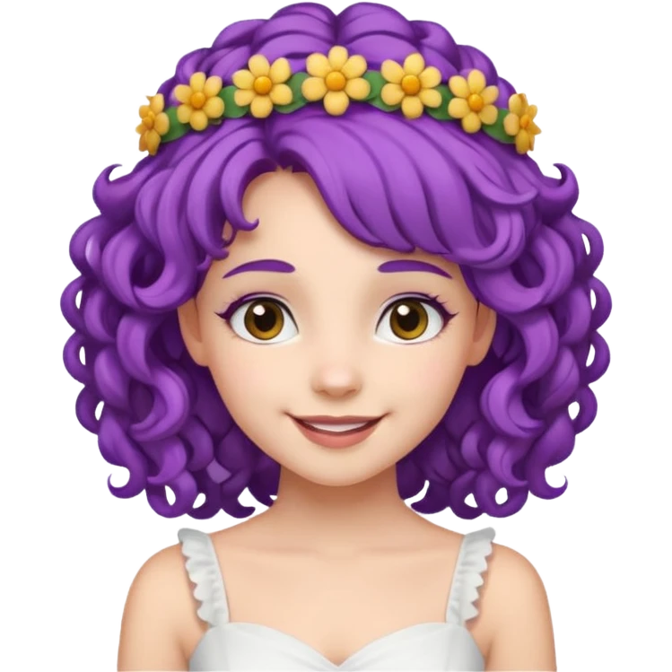 Princesses with Flower Crown in curly Purple Hair, white dress emoji