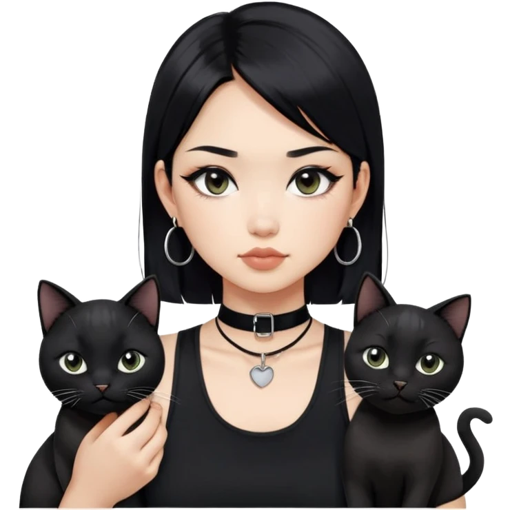 Asian cool girl, black hair, medium length.  Holding two BLACK cats. one cat has a round fat face, the other one has a slightly slimmer face. Both pure black.  The girl also wearing a black singlet, a black chocker, silver round hook earring, and wearing eyeliner.  emoji