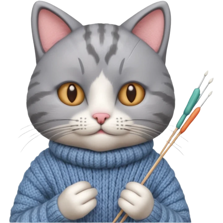 knitting cat portrait, head and shoulders only, cute cat holding knitting needles and yarn, cozy expression, warm handmade vibe, 3D cartoon style, mobile game icon style, clean background, no text, no watermark
 emoji