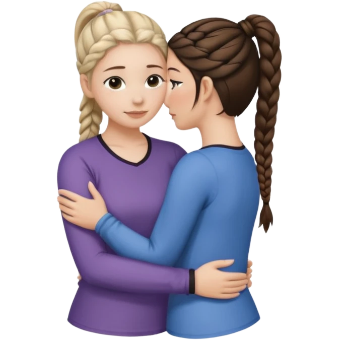 Comforting Hug two white skin women, one shorter woman with medium brown simple top ponytail, not braided, and one taller woman with a single long black side braid emoji