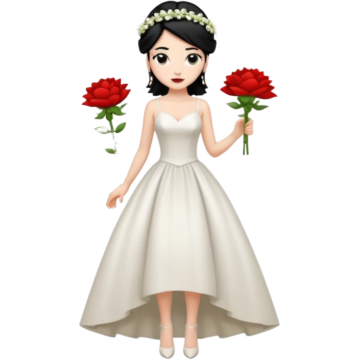 Chica blanca,cuerpo entero, vestido boda tirantes finos, pelo negro recogido con mechones y zapatos tacon y 1 flor en la cabeza emoji
