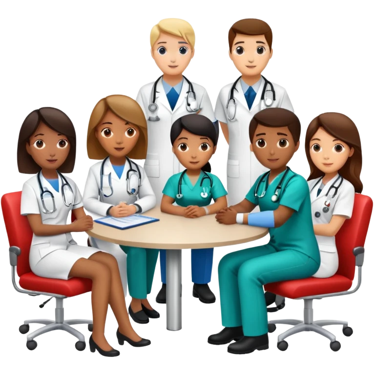 Group of medical professionals sitting around a table in a meeting, with emergency medical symbols emoji