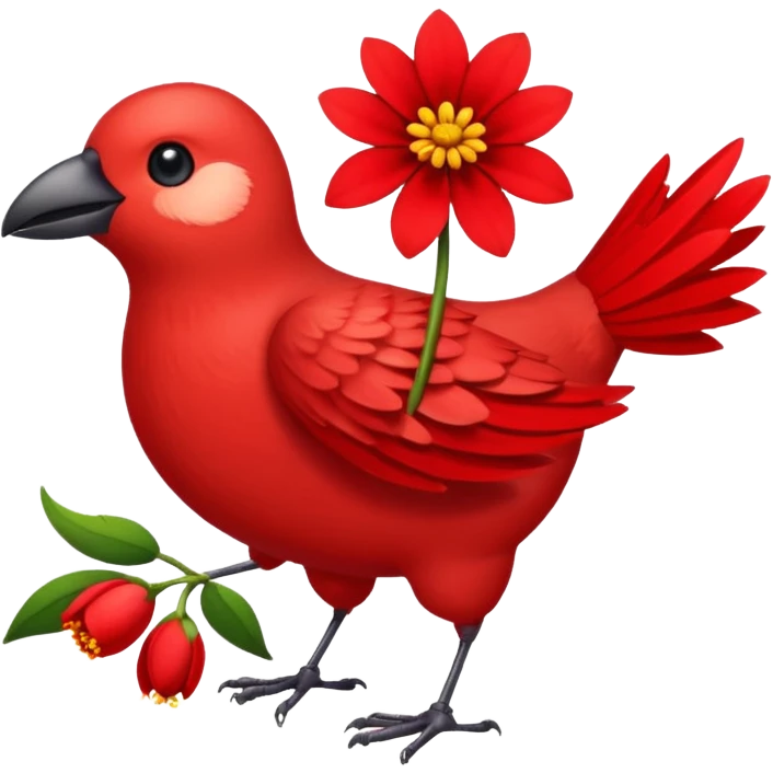 A bird carrying a red flower emoji