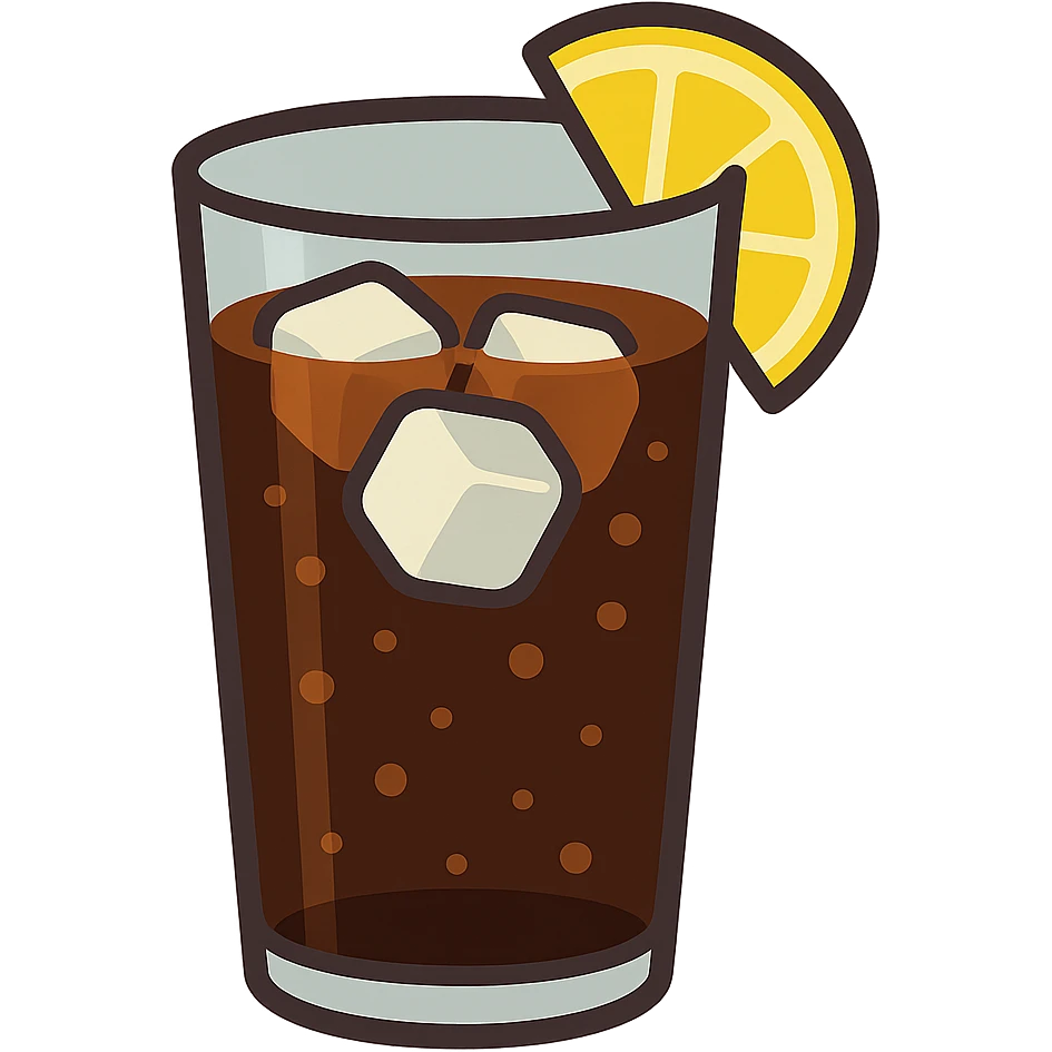 flat toon glass of cola with 3 ice cubes and a wedge of lemon emoji