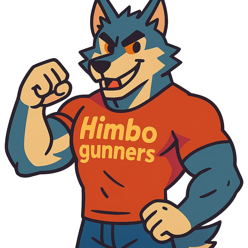 muscular wolf furry wearing a t-shirt that says 'Himbo gunners' emoji