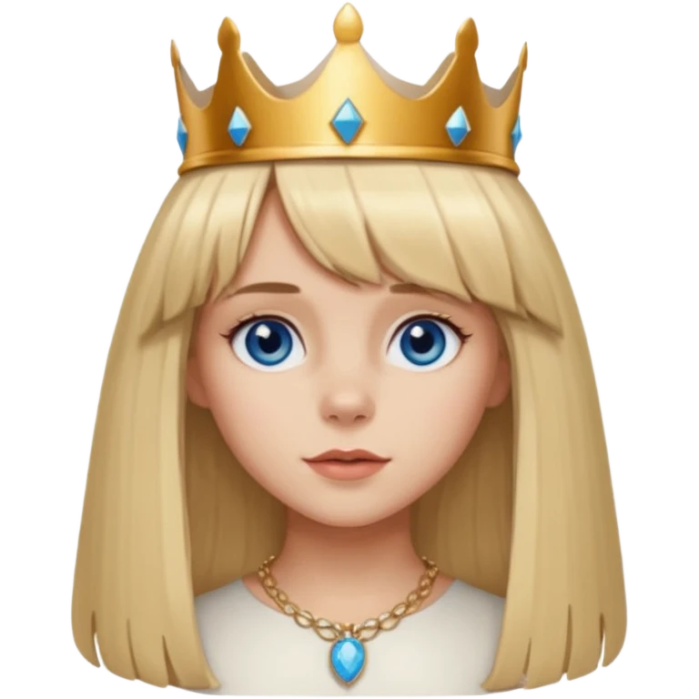 simple Blonde girl with bangs, long straight seductive hair and blue eyes, and a simple crown. giving cockerspaniel energy head only emoji