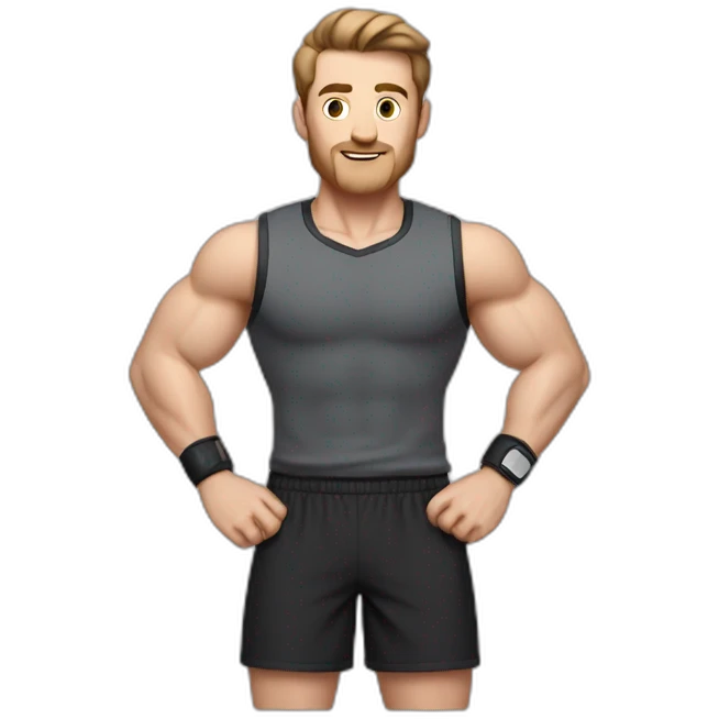 Close up Actively gesturing  with hands Pale skinned Fit Man With the biceps and brown hair in dark gray Sleeveless Mike, black oversize sports shorts, watch and white Sneakers emoji