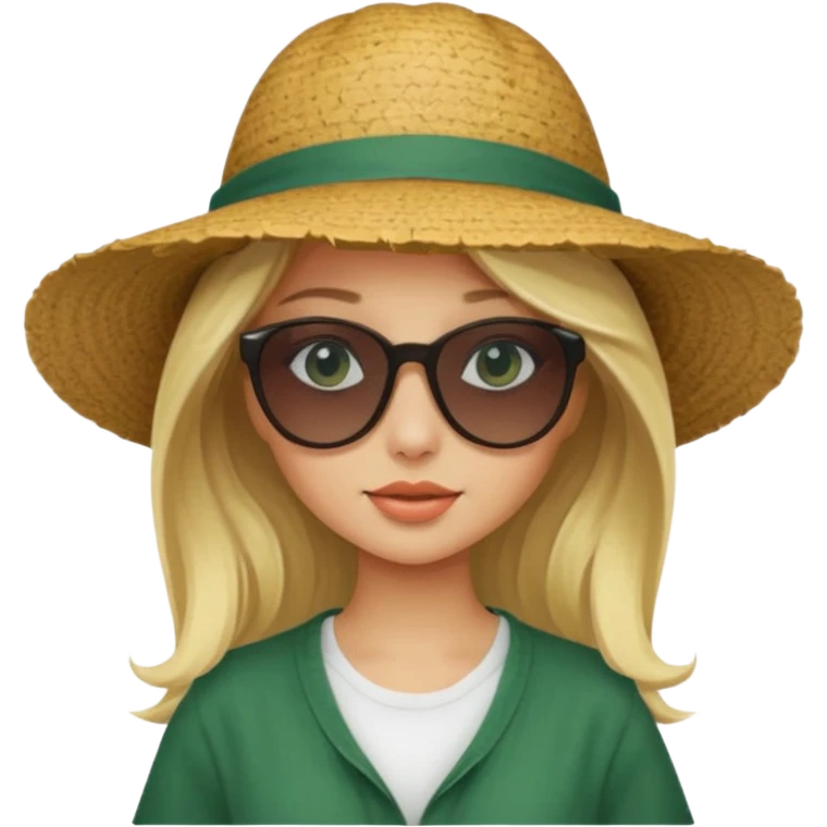 
blonde girl in dark green beach big hat adjusting sunglasses emoji