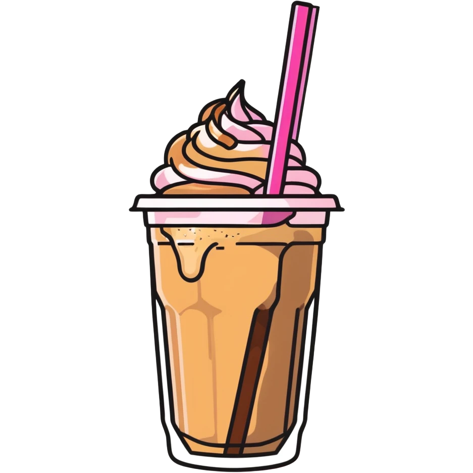 caramel iced coffee in clear cup with pink straw emoji