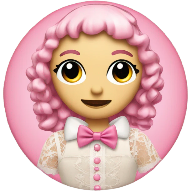 collage of an emoji of a doll with a colour theme of pink, a cd, a bow, lace, and a needle emoji