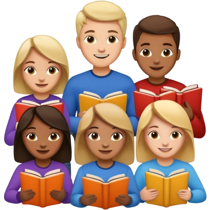 group of students collaborating with books and laptops emoji