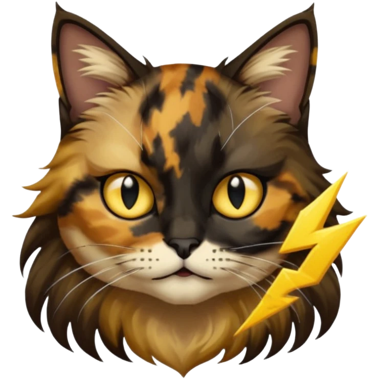long hair tortoiseshell cat with a black face, white neck and yellow lightning mark above left eye emoji