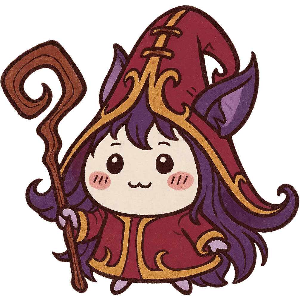 Chiikawa character dressed as Lulu from League of Legends, wearing Lulu's signature hat and holding her staff, whimsical and magical style emoji