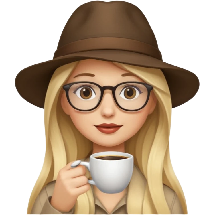 long hair blonde woman drink coffe with hat and glasses emoji