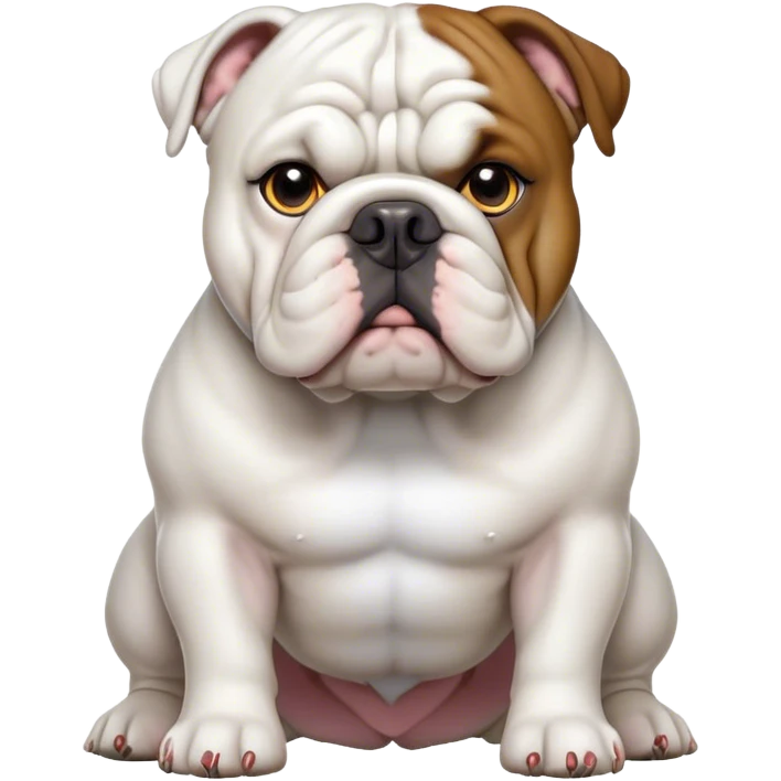 Cinematic Noble White English Bulldog Portrait Emoji, Poised and regal, with a sturdy, muscular build and a pristine, well-groomed pure white coat, deep-set soulful brown eyes, Simplified yet sharp and sophisticated features, highly detailed, glowing with a soft, dignified glow, high shine, intelligent and resolute, stylized with an air of authority, focused and attentive, soft glowing outline, capturing the essence of a watchful and confident guardian, so majestic it feels as though it could lumber out of the screen with effortless authority! emoji
