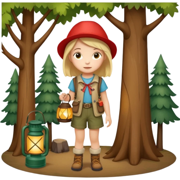 Adorable little girl in camping attire standing beside a tree holding a lantern, looks like it is made of felt texture, scrapbooking style, transparent background emoji