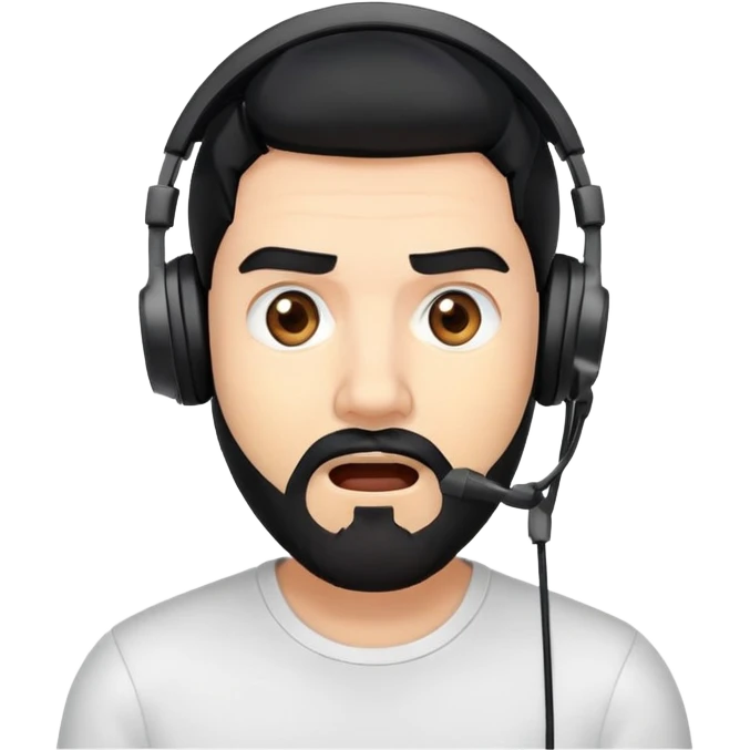 Shocked man with black hair, brown eyes, black beard wearing a gaming headset emoji