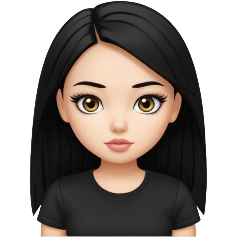 a pretty bratz girl with straight black hair wearing a black tshirt, eyeliner emoji