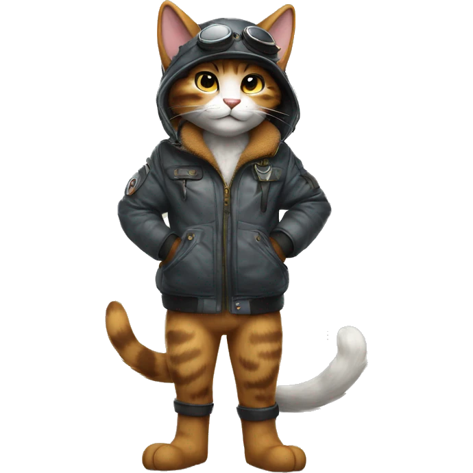 Anthro Fur-Sona feline-Fakémon with an aviator jacket gloves and cap Full Body emoji