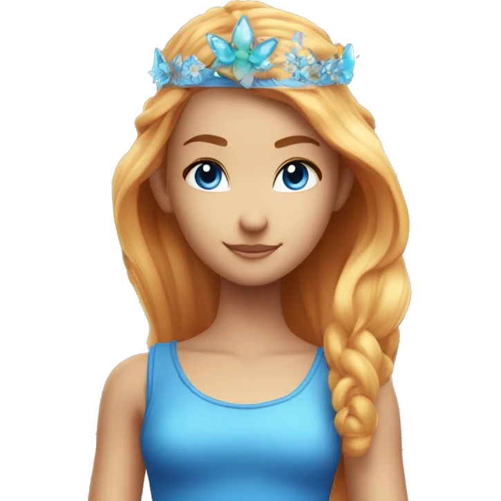bloom winx fairy with rad hair and blue eyes and in blue shirt with wings and crown emoji