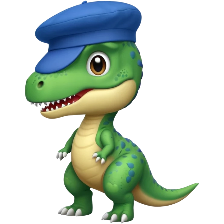Let’s do a cute green T Rex dinosaur with a blue French beret emoji