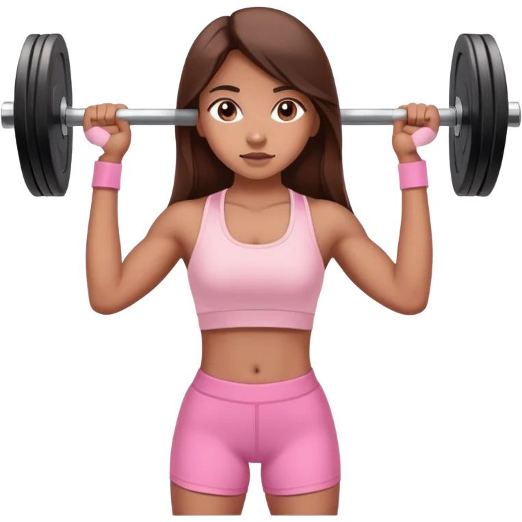 a north-east indian girl with long brown hair wearing a soft pink gym top lifting a barbell  emoji