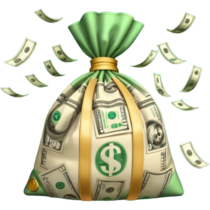 

3D emoji style, big bag of money, flying dollar bills, rich casino vibe, smooth lighting, high detail, clean edges, transparent background



 emoji