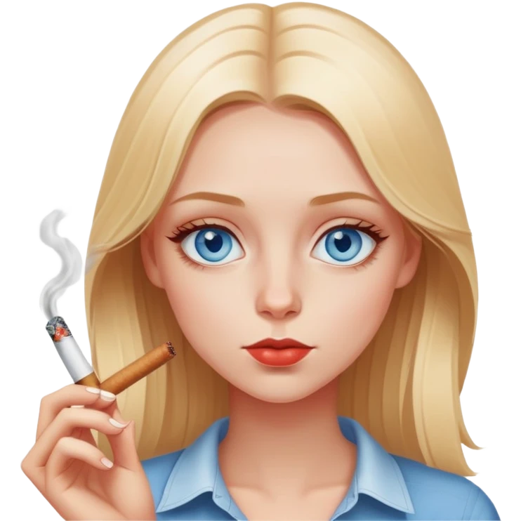 a blonde girl blue eyes (light red whites of eyes) smoking a blunt looking relaxed emoji