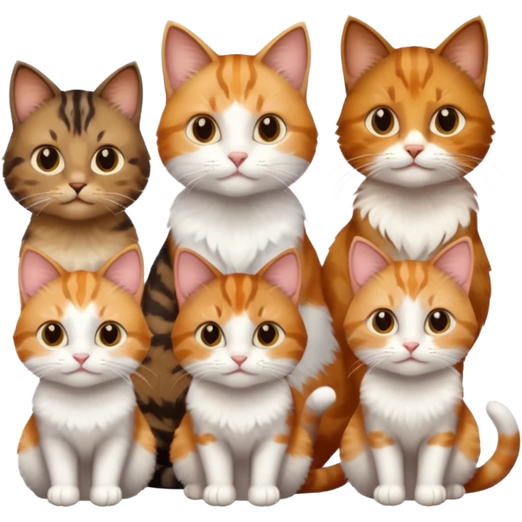 3 cats and each are different natural colours including brown tabby and white, calico, and ginger and white emoji